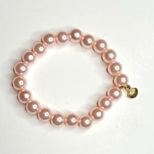Girl's Faux Pink Pearls with Gold Tone Sea Shell Pendant Bracelet